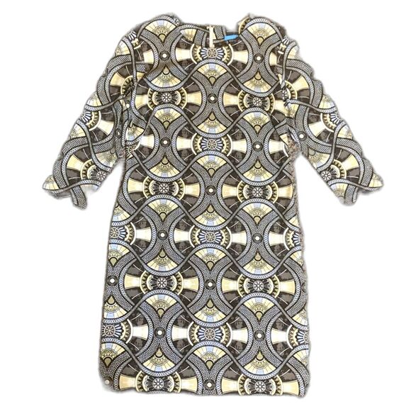 J. McLaughlin Devon Gray Taupe Blue Geo Pattern 3/4 Sleeve Midi Sheath Dress L - Picture 2 of 14